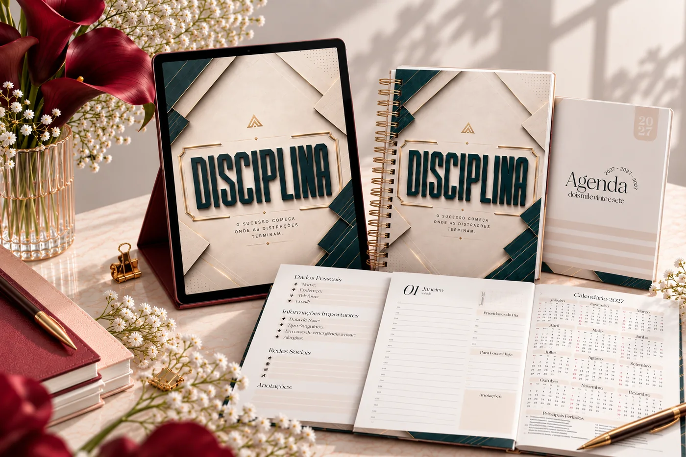 Agenda Disciplina 2027 no tablet e impressa