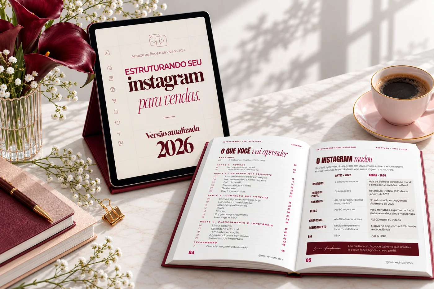 E-book Estruturando seu Instagram para vendas, versão 2026, no tablet e aberto no sumário