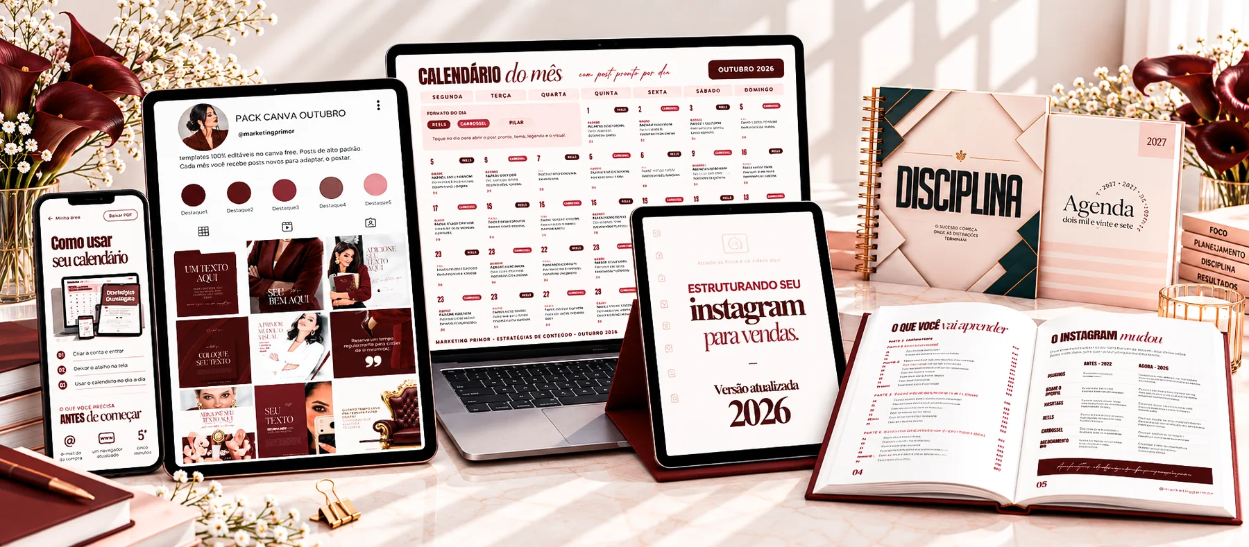Clube das Estratégias: calendário, Pack Canva, guia, agenda Disciplina 2027 e e-book em celular, tablets e notebook