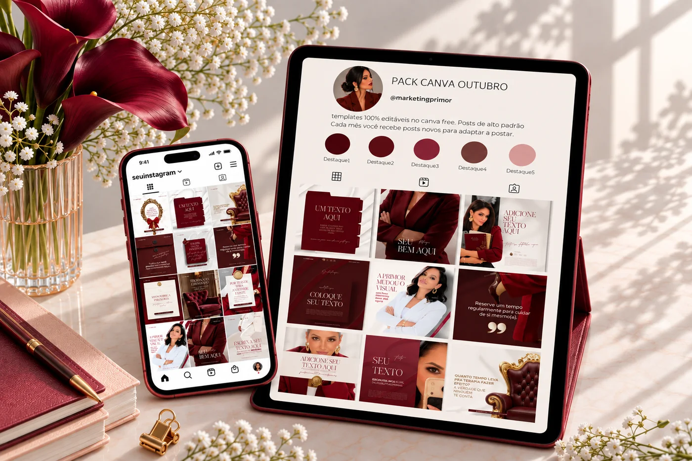 Pack Canva Outubro com templates no celular e no tablet