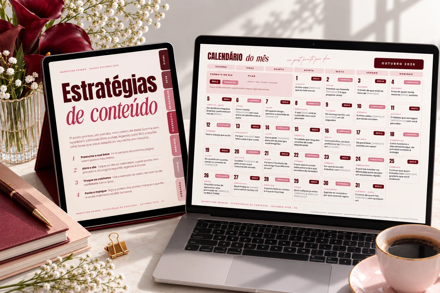 Calendário de estratégias de outubro aberto no notebook e no tablet